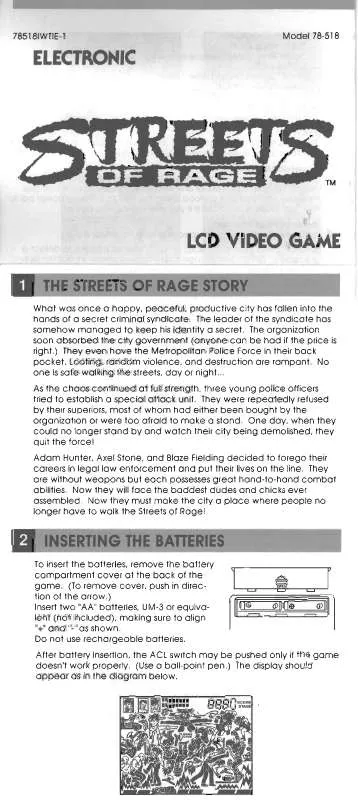 Mode d'emploi HASBRO STREETS OF RAGE LCD VIDEO GAME