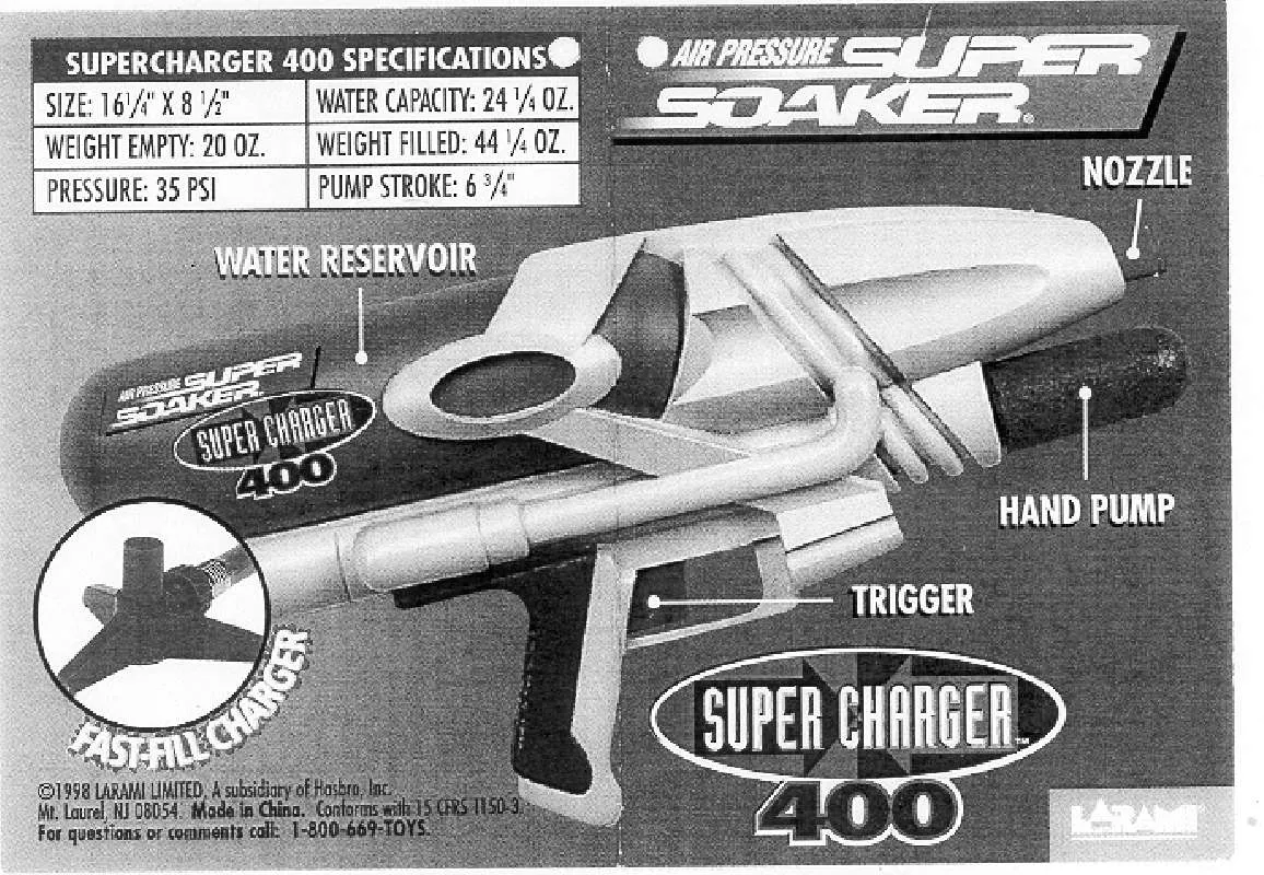 Mode d'emploi HASBRO SUPERSOAKER SUPER CHARGER 400