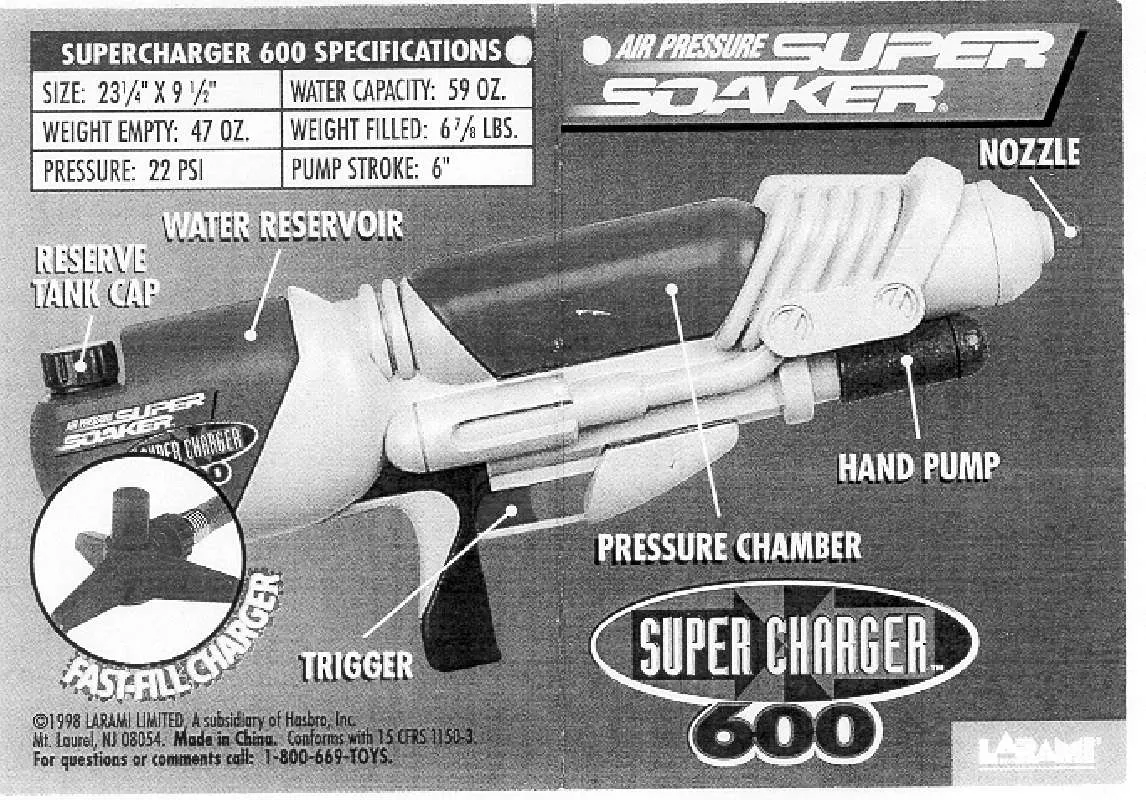 Mode d'emploi HASBRO SUPERSOAKER SUPER CHARGER 600