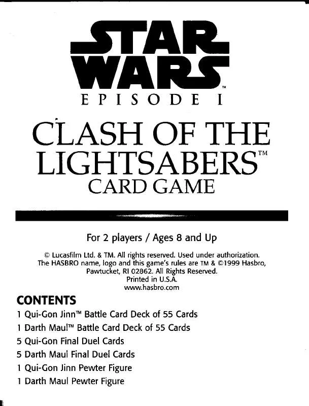 Mode d'emploi HASBRO SWE1 CLASH OF THE LIGHTSABERS CARD GAME