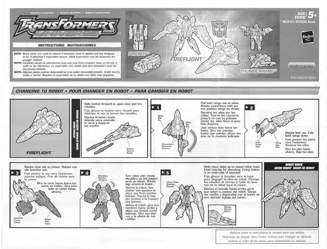 Mode d'emploi HASBRO TRANSFORMERS UNIVERSE FIREFLIGHT WITH FIREBOT AND THUNDERWING
