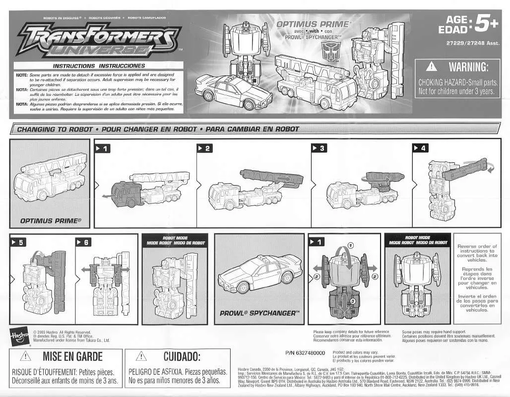 Mode d'emploi HASBRO TRANSFORMERS UNIVERSE OPTIMUS PRIME WITH PROWL SPYCHANGER