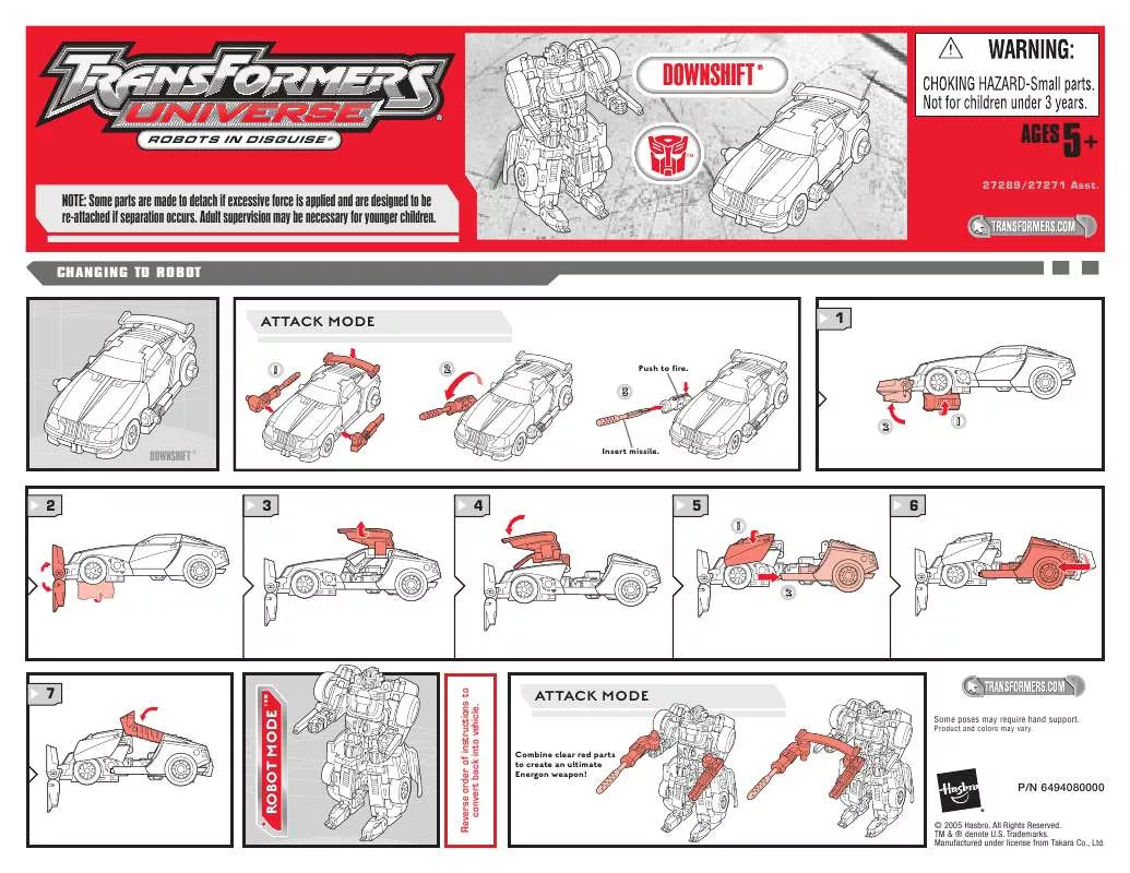 Mode d'emploi HASBRO TRANSFORMERS UNIVERSE ROBOTS IN DISGUISE DOWNSHIFT