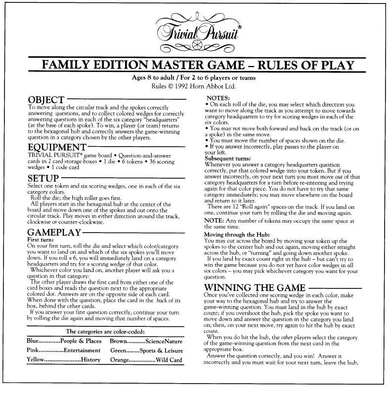 Mode d'emploi HASBRO TRIVIAL PURSUIT FAMILY EDITION MASTER GAME