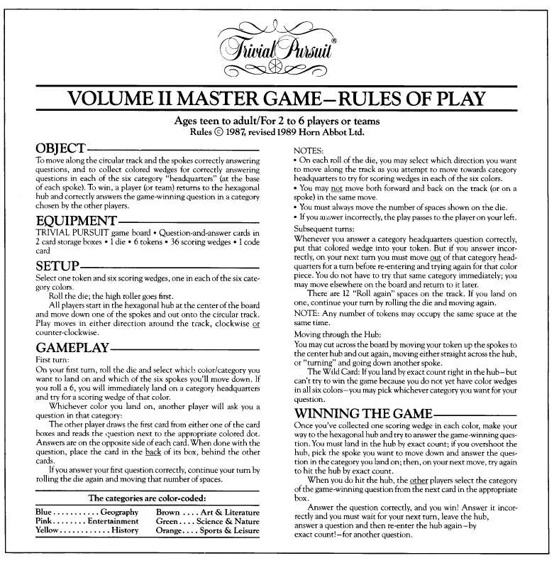 Mode d'emploi HASBRO TRIVIAL PURSUIT VOLUME II MASTER GAME