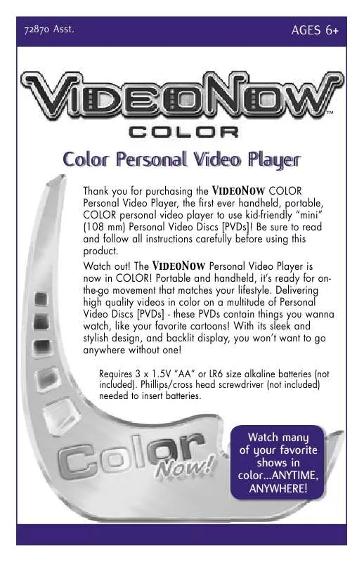 Mode d'emploi HASBRO VIDEO NOW COLOR PERSONAL VIDEO PLAYER