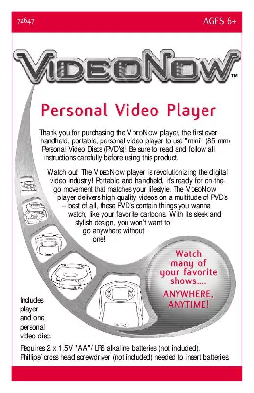 Mode d'emploi HASBRO VIDEO NOW PERSONAL VIDEO PLAYER