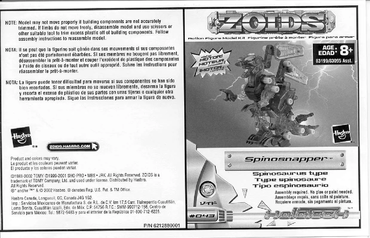 Mode d'emploi HASBRO ZOIDS SPINOSNAPPER WIND UP MOTOR 83199-83095
