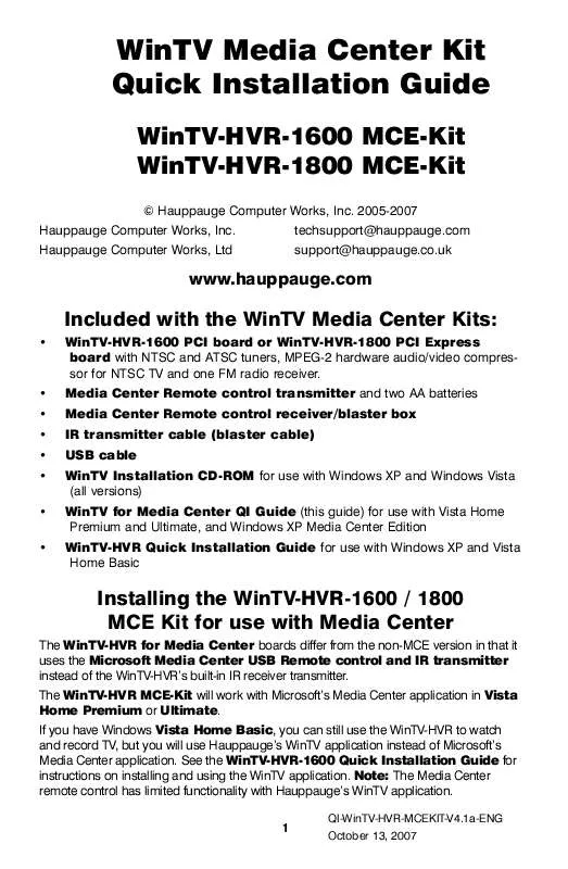 Mode d'emploi HAUPPAUGE WINTV-HVR-1600 MCE-KIT