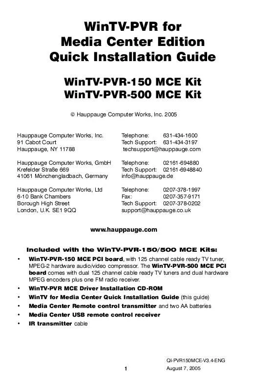 Mode d'emploi HAUPPAUGE WINTV-PVR-150 MCE KIT