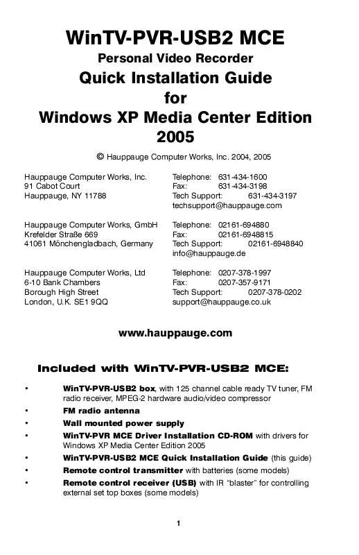 Mode d'emploi HAUPPAUGE WINTV-PVR-USB2 MCE