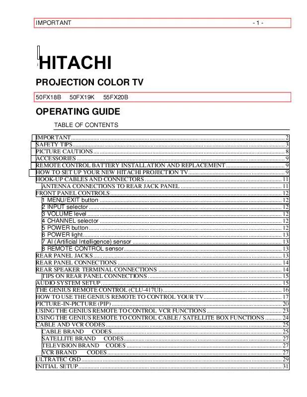 Mode d'emploi HITACHI 50FX18B