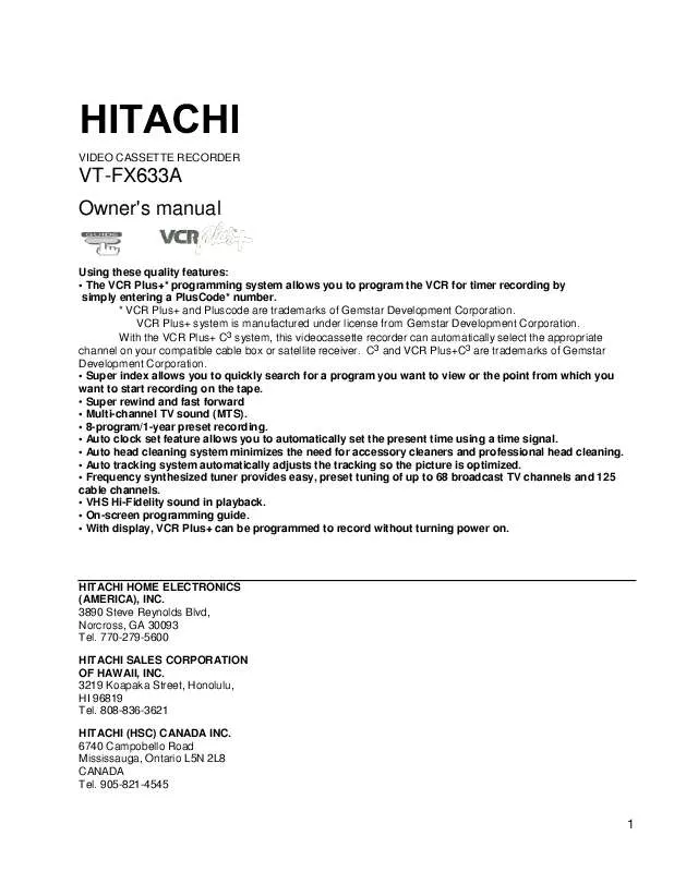 Mode d'emploi HITACHI VTFX633A