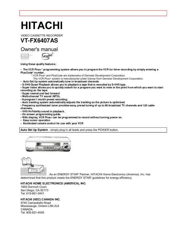 Mode d'emploi HITACHI VTFX6407AS