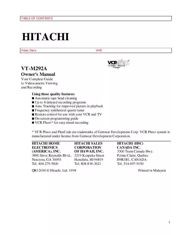 Mode d'emploi HITACHI VTM292A