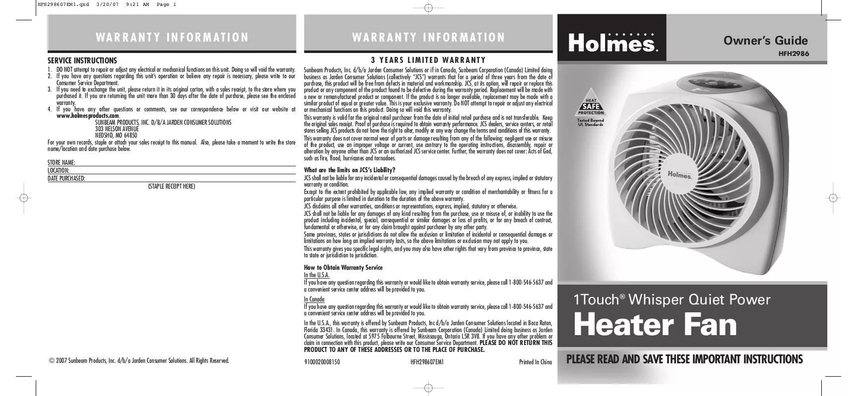 Mode d'emploi HOLMES HFH2986