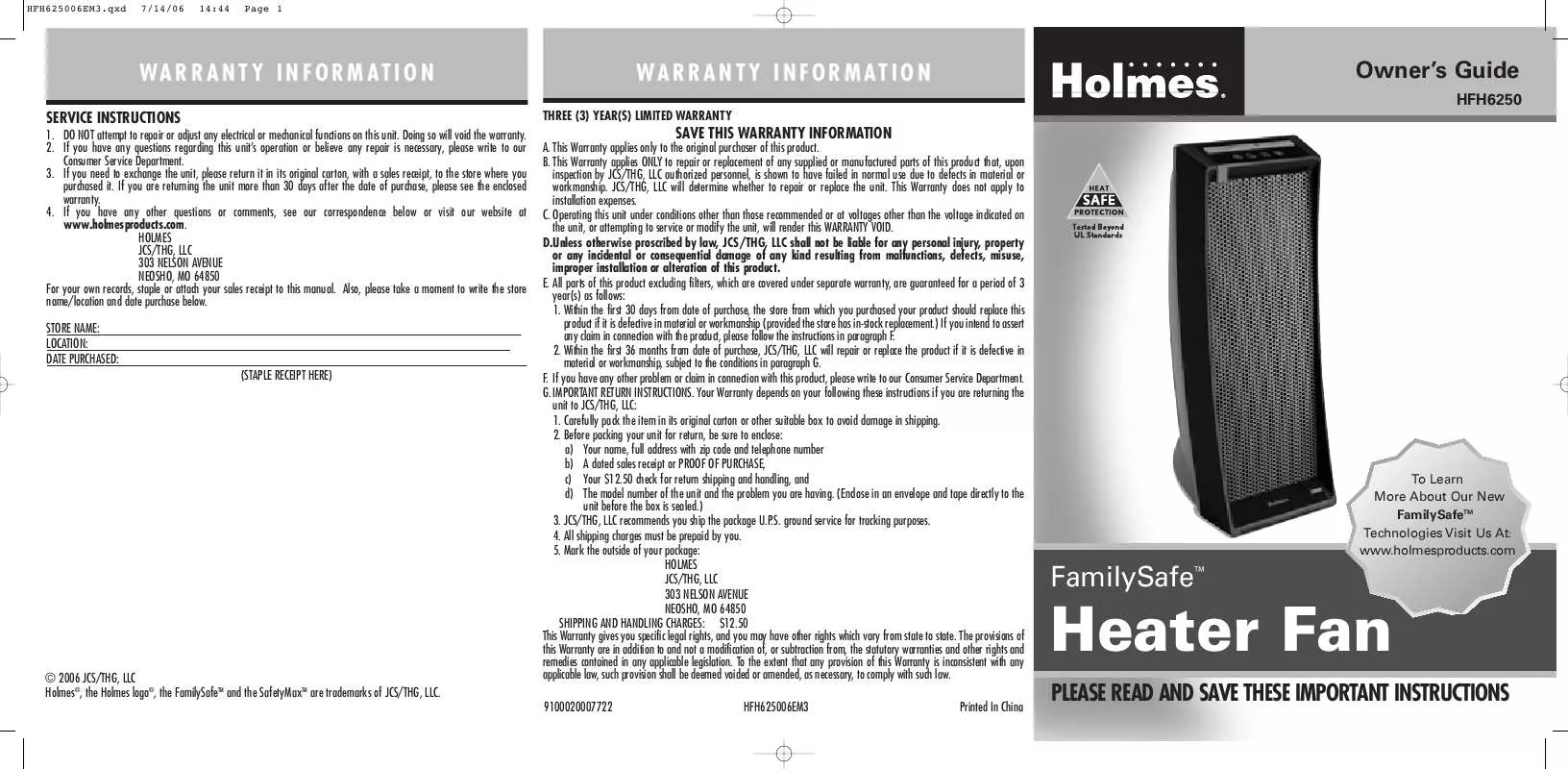 Mode d'emploi HOLMES HFH6250