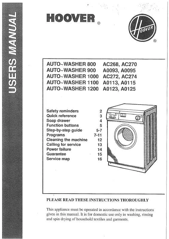 Mode d'emploi HOOVER AUTO-WASHER 1100