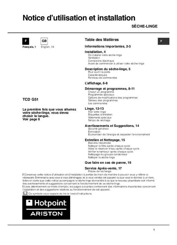Mode d'emploi HOTPOINT-ARISTON TCDG51