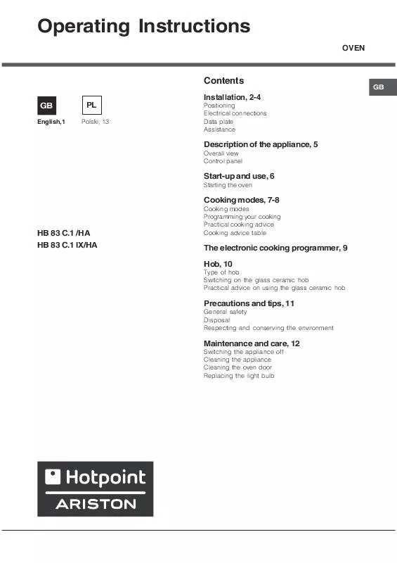 Mode d'emploi HOTPOINT HB 83 C.1 IX/HA