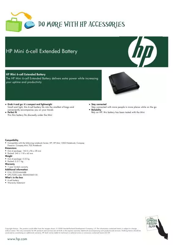 Mode d'emploi HP MINI 6-CELL EXTENDED BATTERY