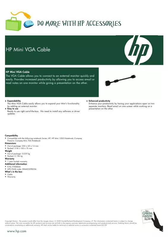 Mode d'emploi HP MINI VGA CABLE