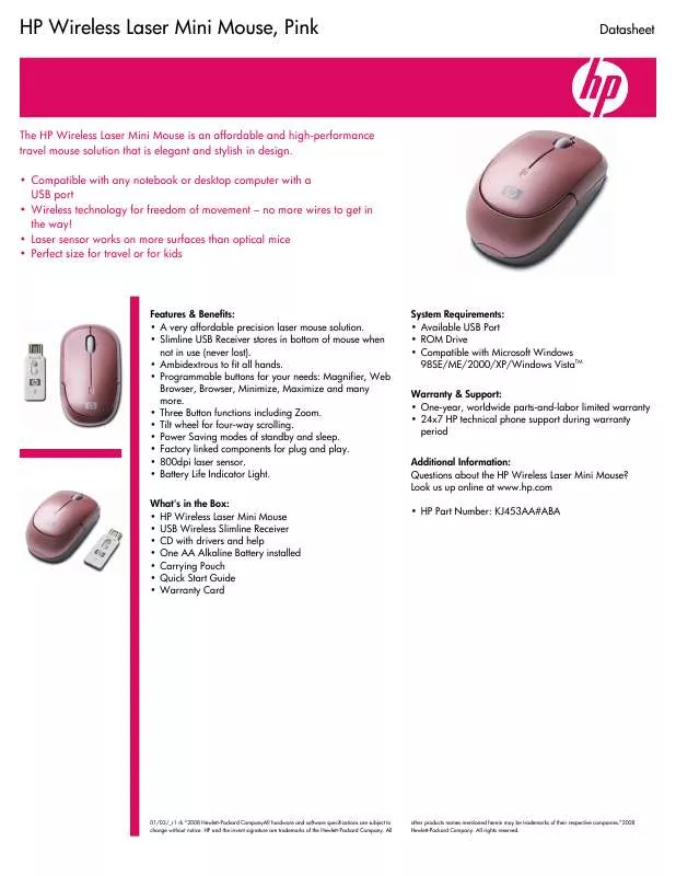 Mode d'emploi HP PINK WIRELESS LASER MINI MOUSE