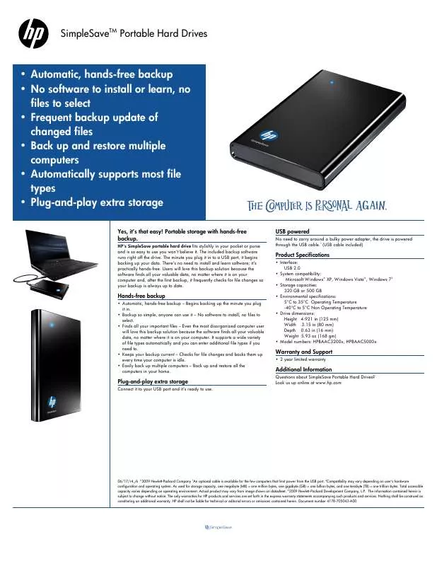 Mode d'emploi HP SIMPLESAVE SD320A