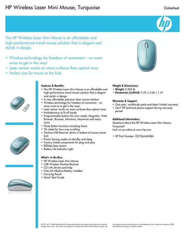 Mode d'emploi HP TURQUOISE WIRELESS LASER MINI MOUSE