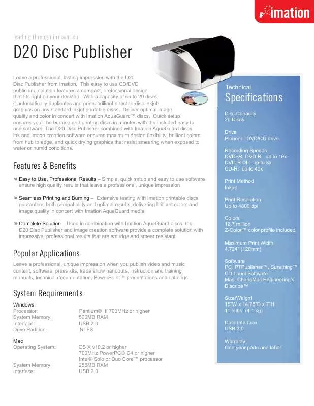Mode d'emploi IMATION D20 DISC PUBLISHER