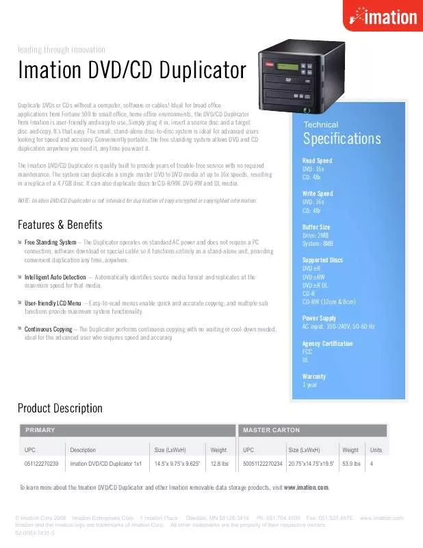 Mode d'emploi IMATION DVD-CD DUPLICATOR