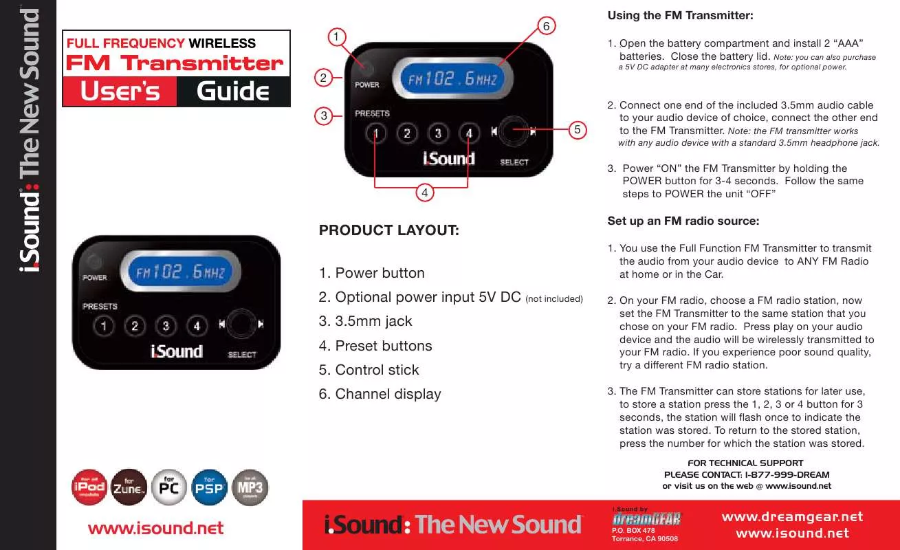 Mode d'emploi ISOUND FULL FREQUENCY WIRELESS FM TRANSMITTER