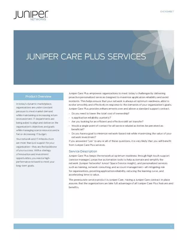 Mode d'emploi JUNIPER NETWORKS JUNIPER CARE PLUS SERVICES