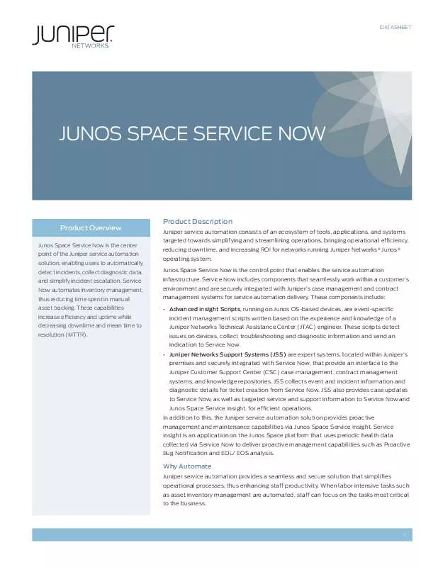 Mode d'emploi JUNIPER NETWORKS JUNOS SPACE SERVICE NOW