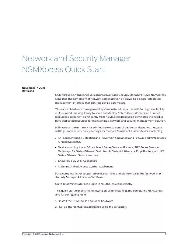 Mode d'emploi JUNIPER NETWORKS NETWORK AND SECURITY MANAGER NSMXPRESS