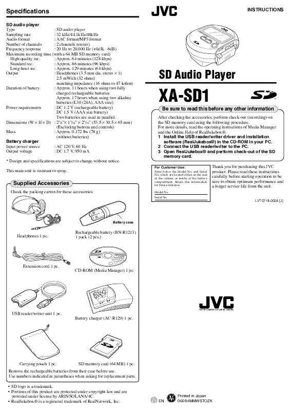 Mode d'emploi JVC XA-SD1