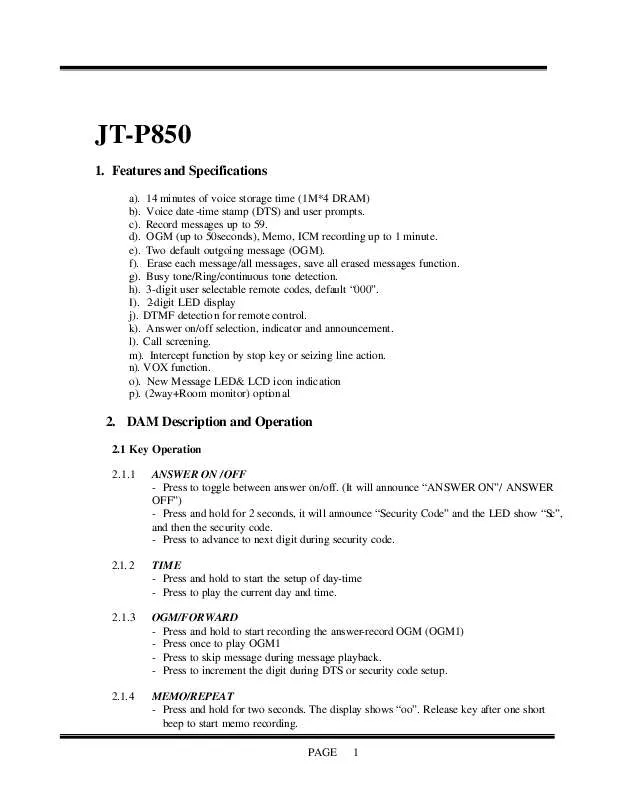 Mode d'emploi JWIN JT-P850