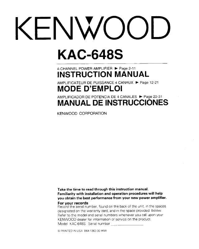 Mode d'emploi KENWOOD KAC-648S