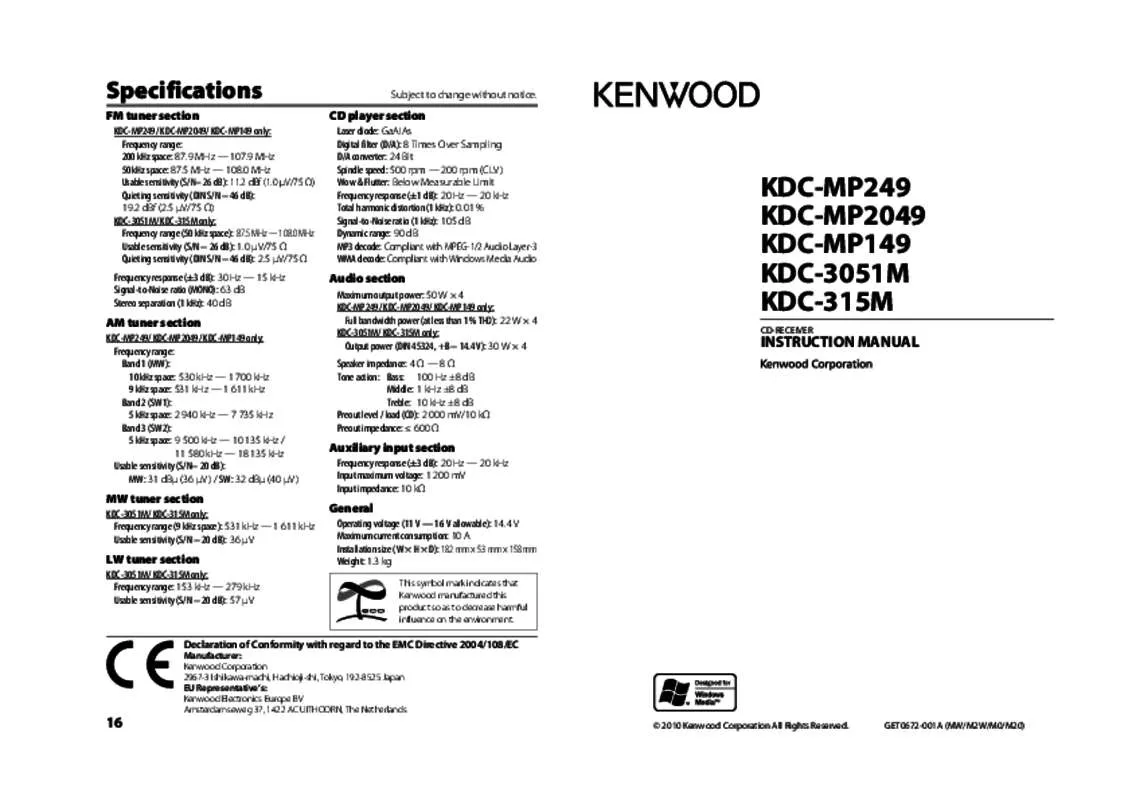 Mode d'emploi KENWOOD KDC-MP149