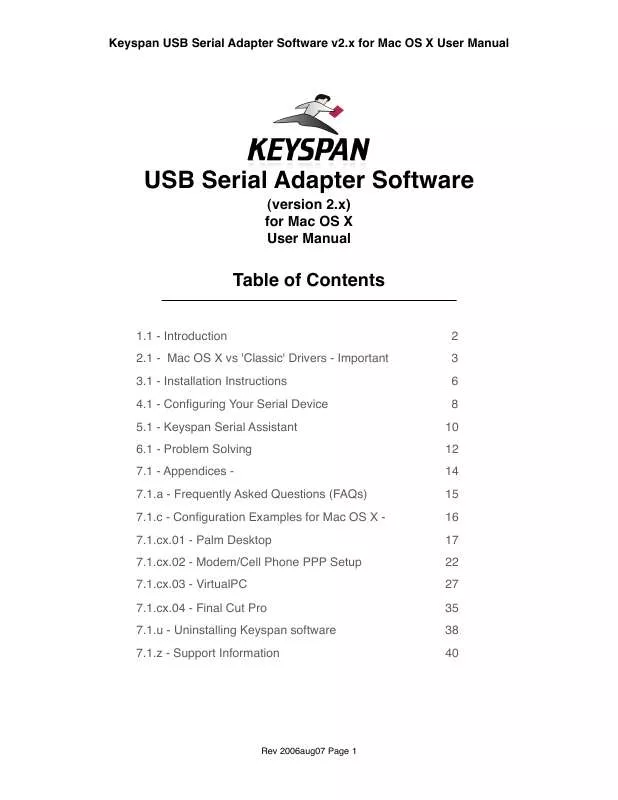 Mode d'emploi KEYSPAN USB SERIAL ADAPTER VERSION 2.0