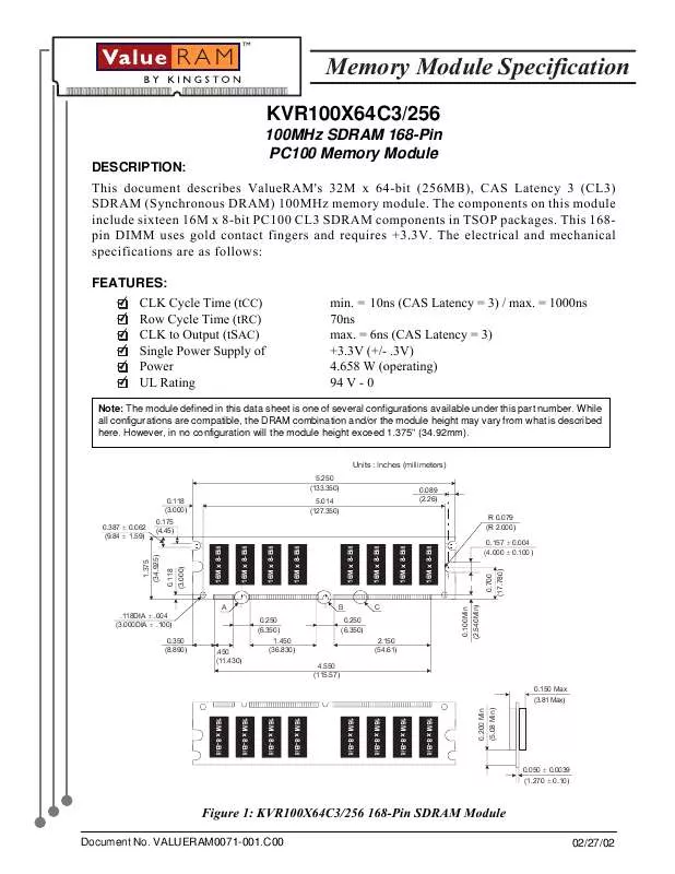 Mode d'emploi KINGSTON KVR100X64C3256