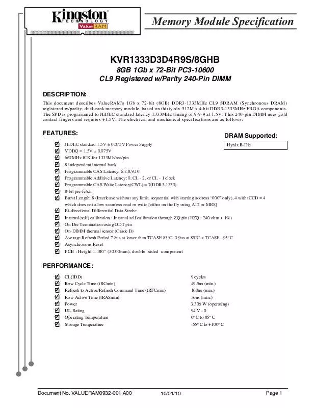 Mode d'emploi KINGSTON KVR1333D3D4R9S-8GHB