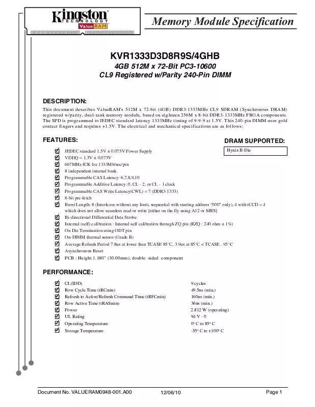 Mode d'emploi KINGSTON KVR1333D3D8R9S-4GHB