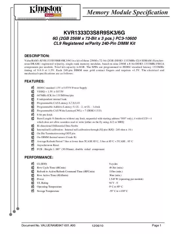 Mode d'emploi KINGSTON KVR1333D3S8R9SK3-6G