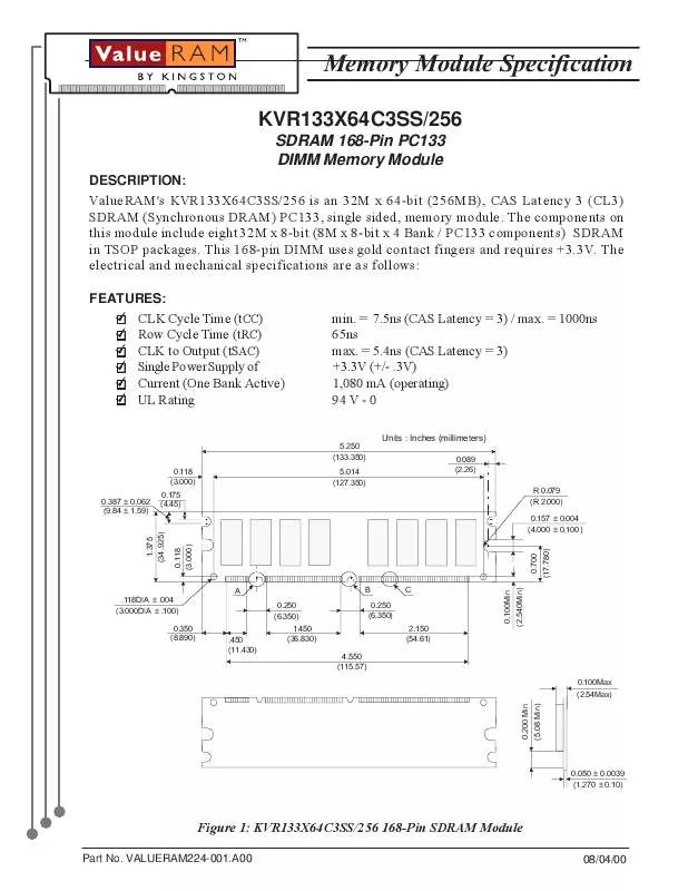 Mode d'emploi KINGSTON KVR133X64C3SS256