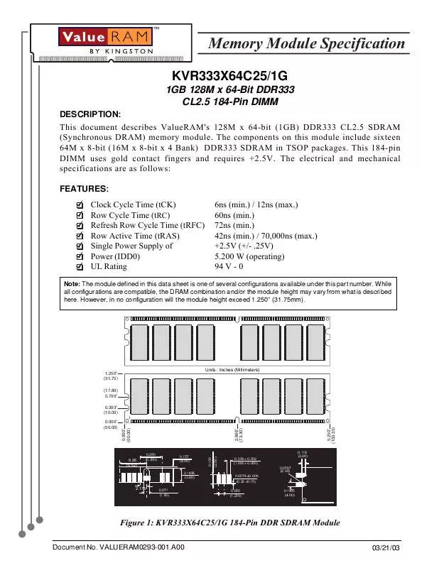Mode d'emploi KINGSTON KVR333X64C251GBK