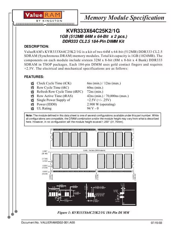 Mode d'emploi KINGSTON KVR333X64C25K21G