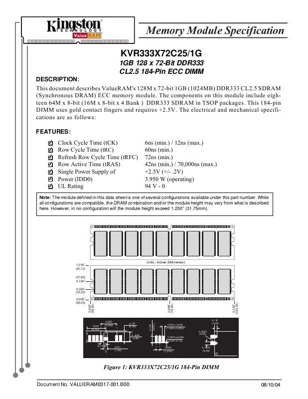 Mode d'emploi KINGSTON KVR333X72C251G