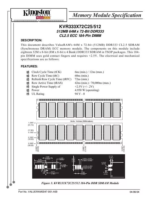 Mode d'emploi KINGSTON KVR333X72C25512