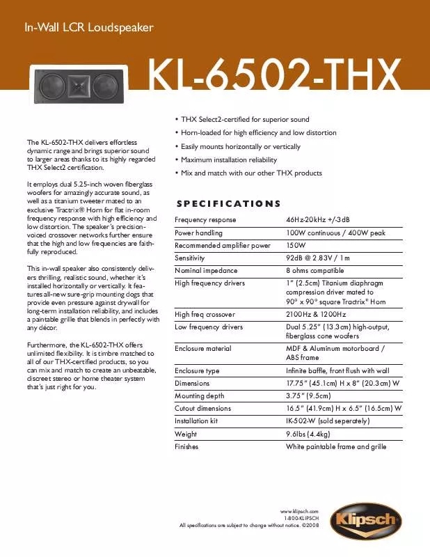 Mode d'emploi KLIPSCH KL-6502-THX